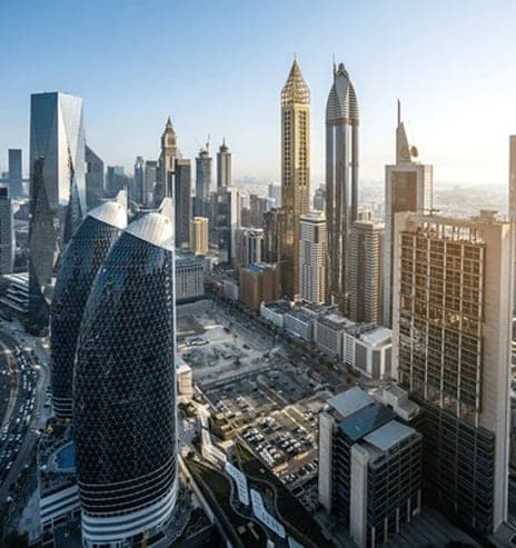 Aerial view of the Dubai financial district skyline