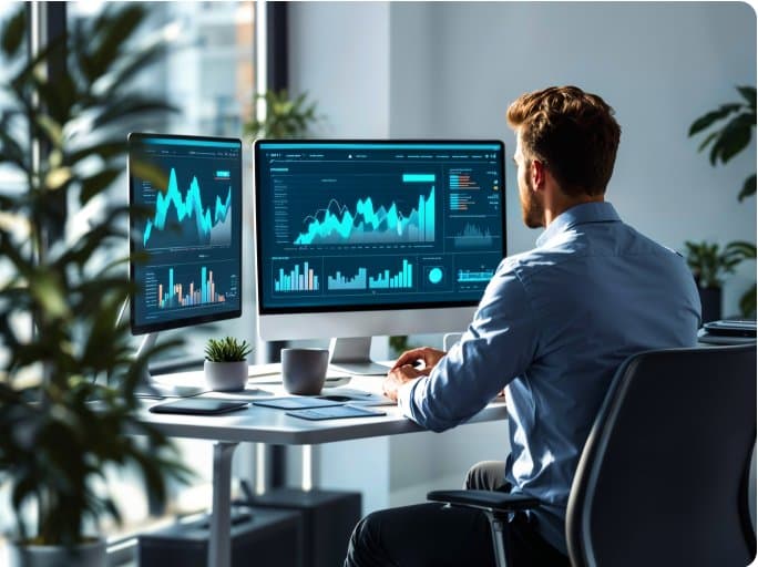 Trader reviewing overnight positions on desktop monitors