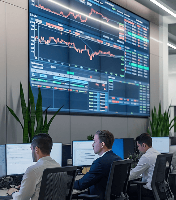 Trading floor wall of live market screens