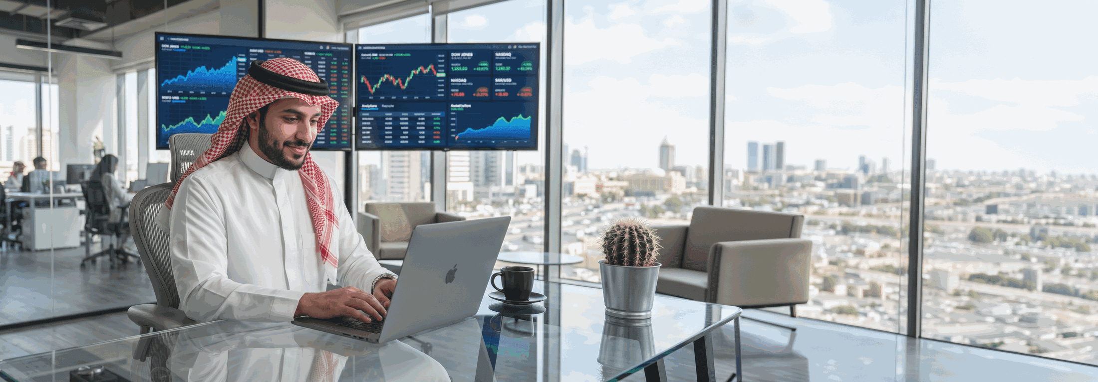 Trader working on the Kira platform with a Dubai skyline view